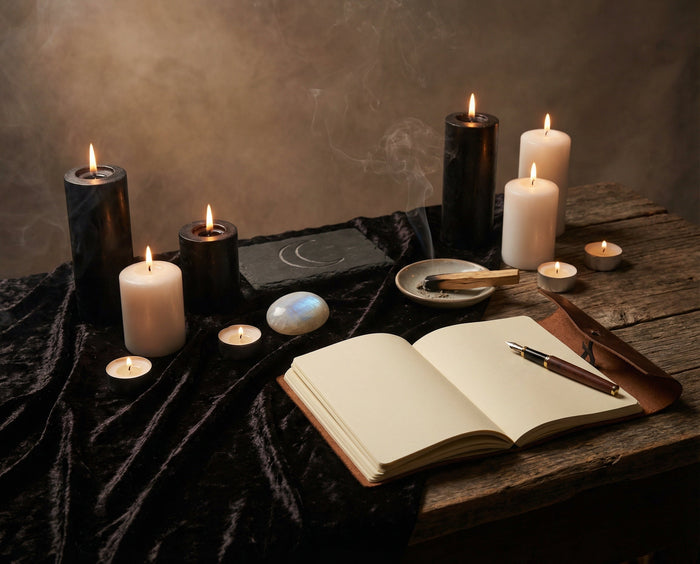 Candles, a moonstone and an open blank journal with a pen on a dark velvet altar cloth