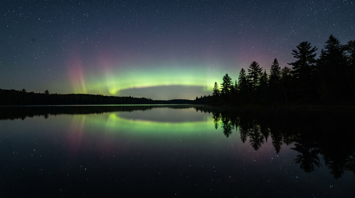 Green aurora arc with faint pink pillars glowing low over a still northern lake lined with pine trees at night, reflected in the water