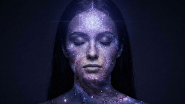 Woman meditating with closed eyes and a violet geometric figure glowing above her brow