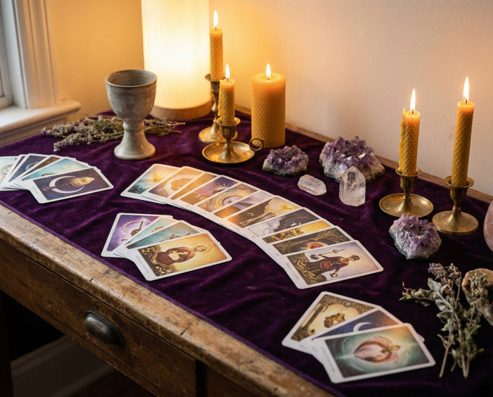 Oracle cards fanned across purple velvet beside beeswax candles and amethyst clusters