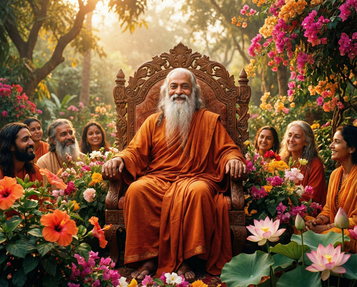 Illustration of a bearded teacher in orange robes seated on a carved chair among smiling followers in a flowering garden