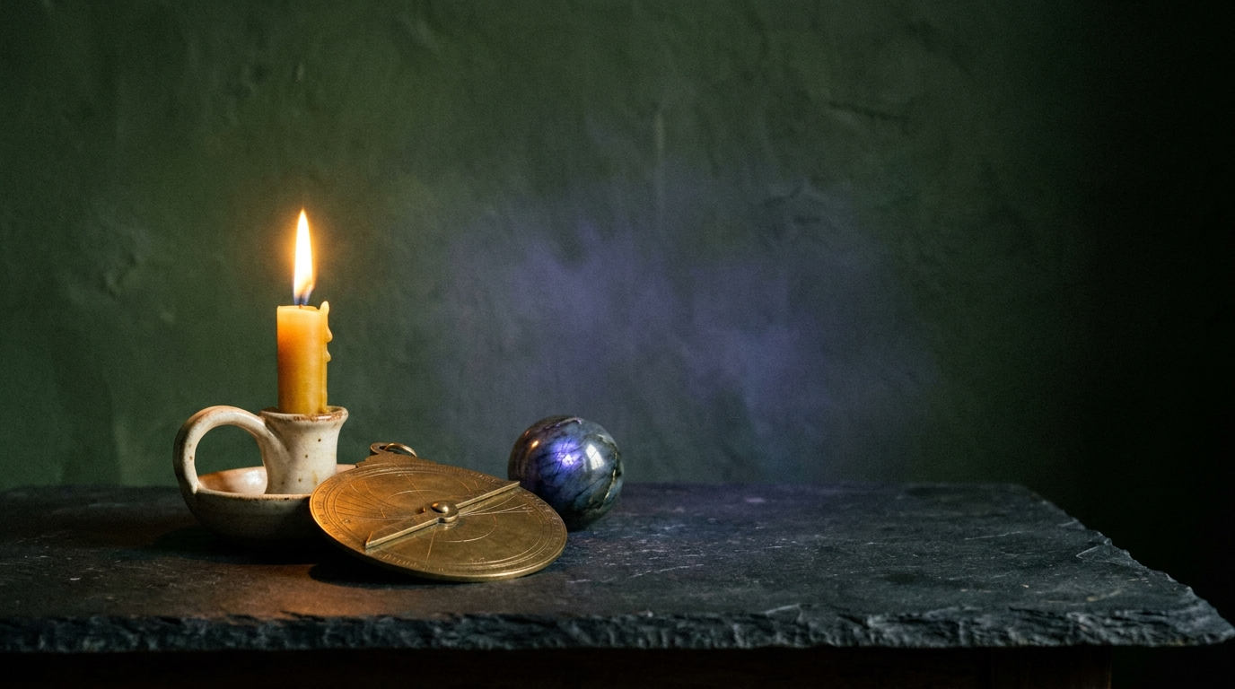 Burning beeswax candle, brass astrolabe and a labradorite sphere on a dark stone table