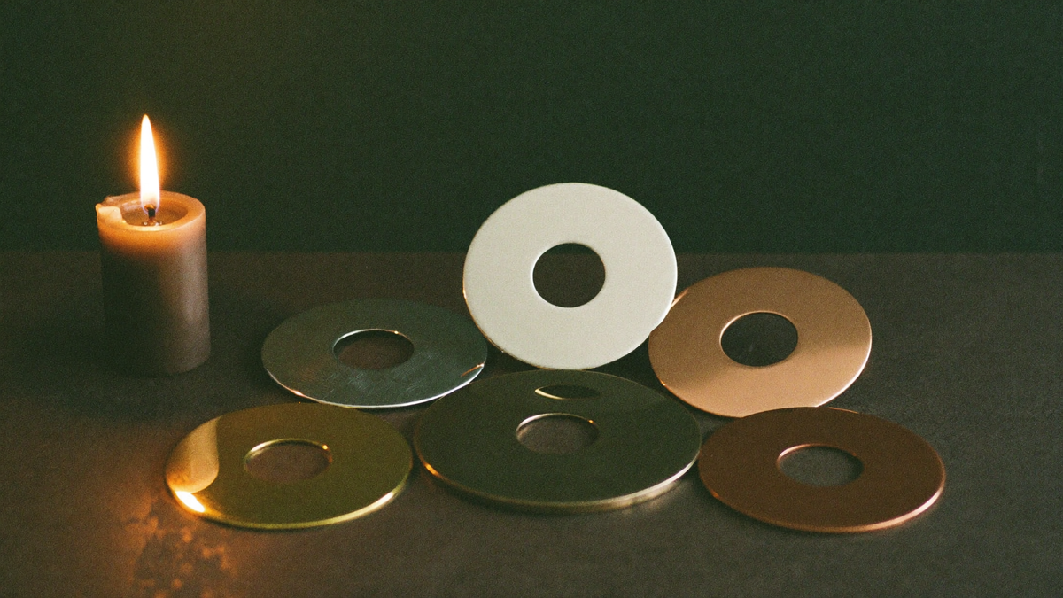 Discs of different metals laid out in candlelight against a dark green wall, standing for the planetary talismans