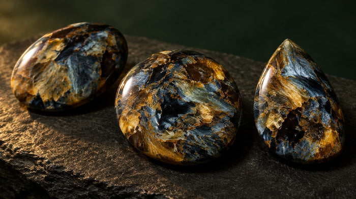 Three polished pietersite cabochons with chaotic blue-gray and golden chatoyant fragments on dark slate