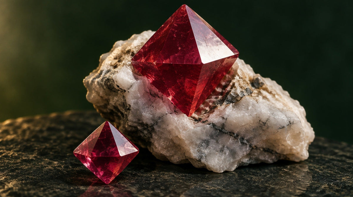 Sharp red spinel octahedron crystal in white marble matrix, with a smaller loose spinel octahedron on dark stone