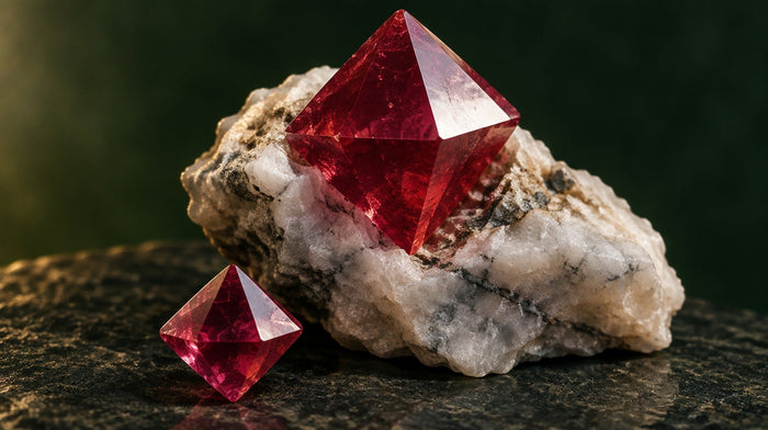 Sharp red spinel octahedron crystal in white marble matrix, with a smaller loose spinel octahedron on dark stone