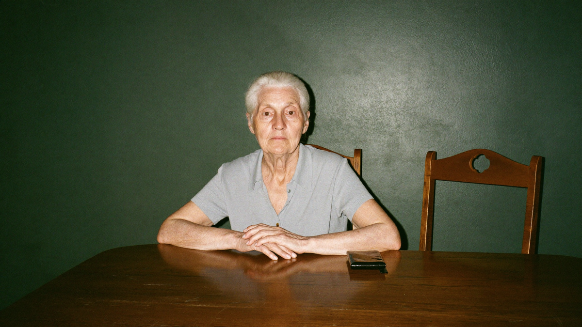 Older woman sitting alone at a dark wooden table, hands clasped in front of her, an empty chair beside her