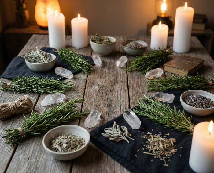 Fresh rosemary sprigs, small bowls of dried herbs and clear quartz points on a candlelit wooden table