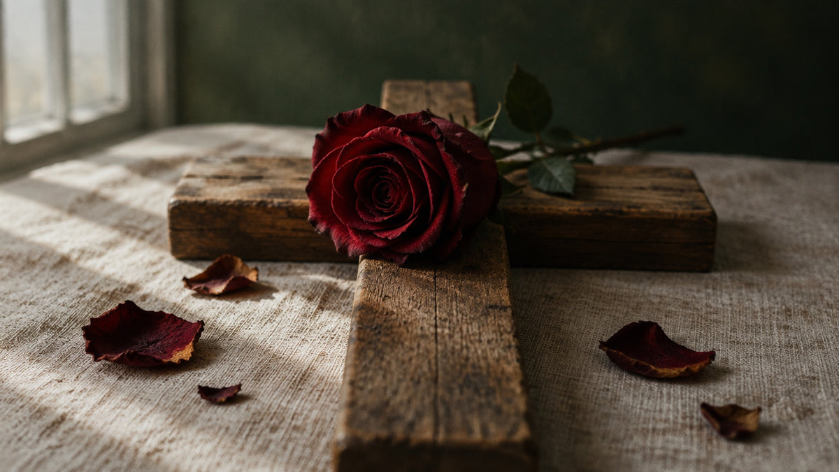 Deep red rose lying at the centre of a plain aged oak cross on pale linen in window light