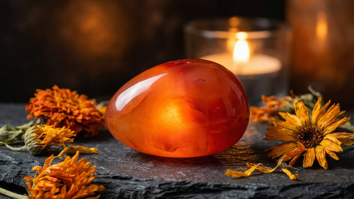 Polished carnelian stone glowing beside a lit candle and dried orange flowers on a dark stone altar