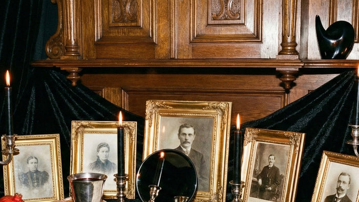 Ancestor altar with gilt framed family portraits, black taper candles and a silver chalice on dark velvet