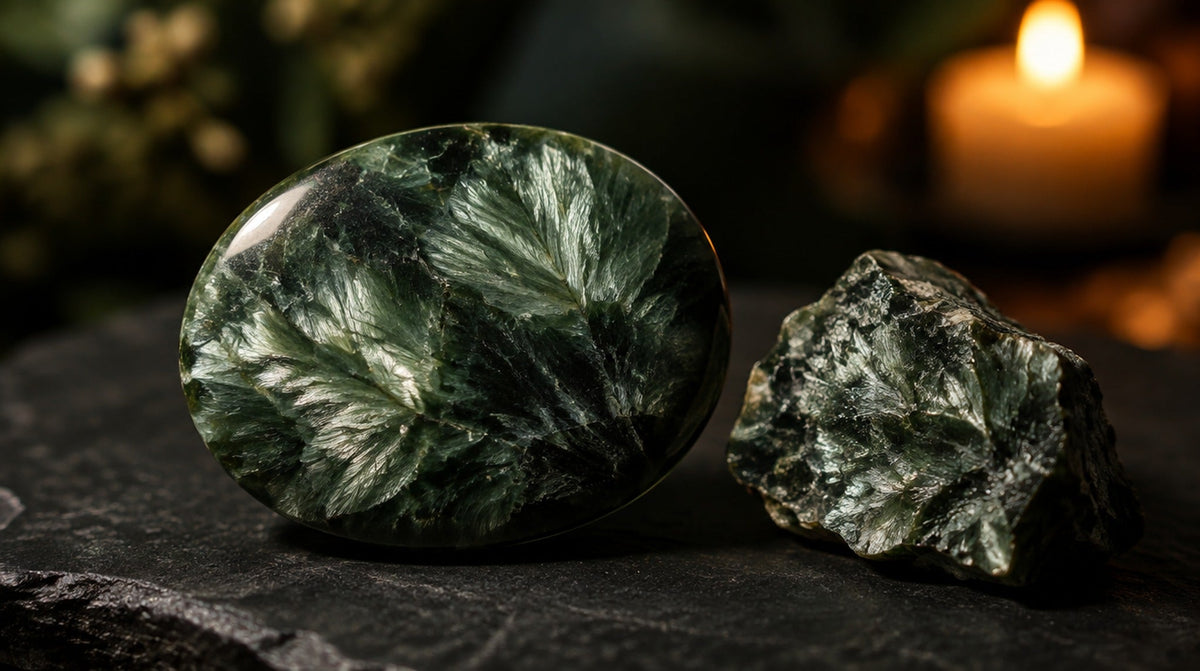 Polished dark green seraphinite cabochon with silvery feather-like chatoyance beside a rough piece on slate