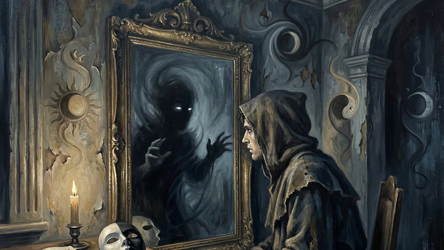 Hooded figure facing a gilded mirror by candlelight, a dark shadow shape looking back from the glass