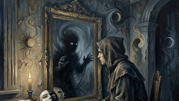 Hooded figure facing a gilded mirror by candlelight, a dark shadow shape looking back from the glass