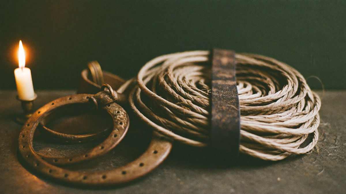 Two weathered horseshoes and a coil of braided cord beside a burning candle on a dark stone surface