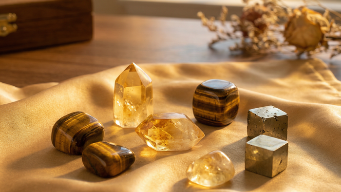 Citrine points, tiger's eye and pyrite cubes arranged on gold silk in warm afternoon light.