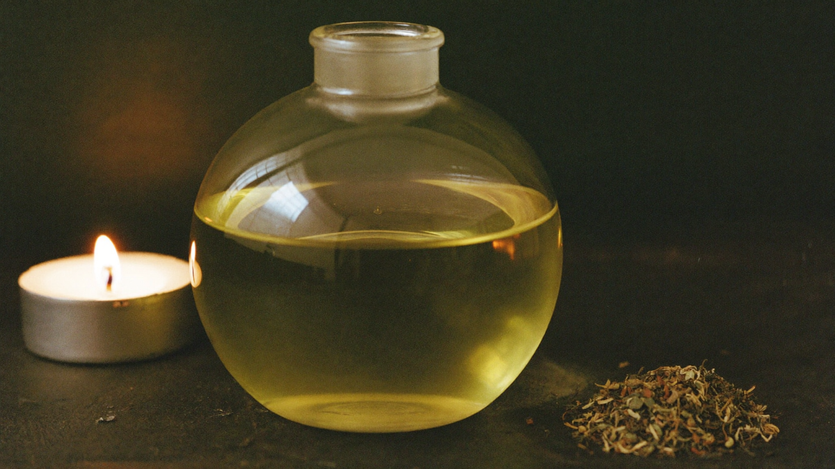 A round glass flask of golden herbal extract beside a small pile of dried herbs and a lit tea light