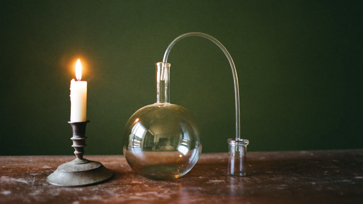 Round-bottomed glass flask with a curved arm running into a small receiving jar beside a lit candle