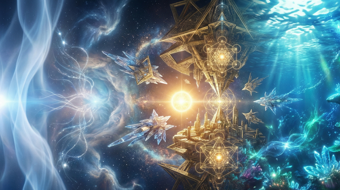 Golden sacred geometry and crystalline forms drifting through a starlit deep blue field