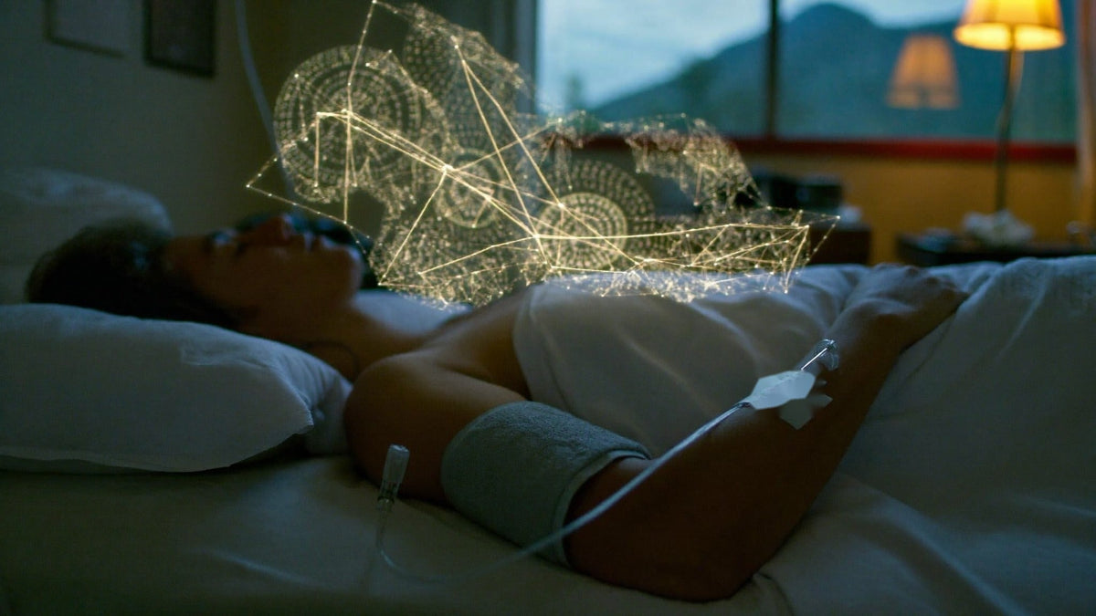 Study volunteer resting in a hospital bed with an IV line and blood pressure cuff, glowing geometric patterns above her