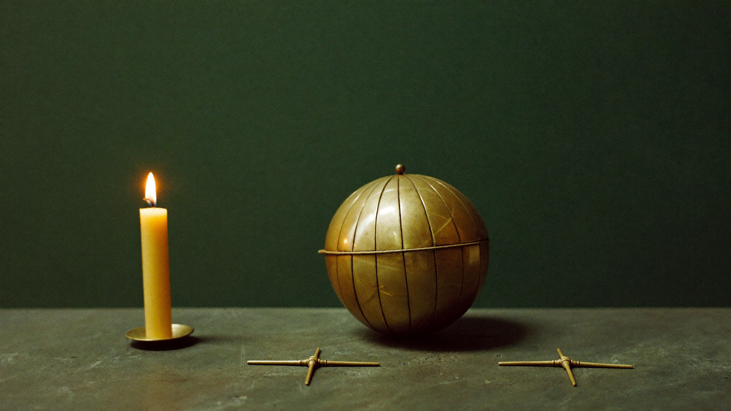 Brass celestial globe and a lit candle on dark stone against a deep green wall, evoking astrological interpretation
