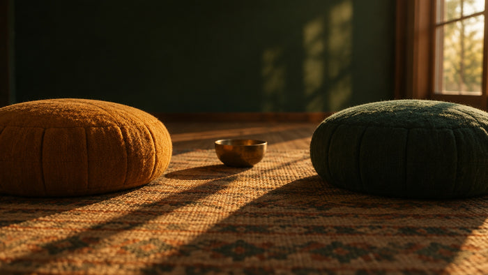 Two round meditation cushions in saffron and dark green facing each other on a woven rug