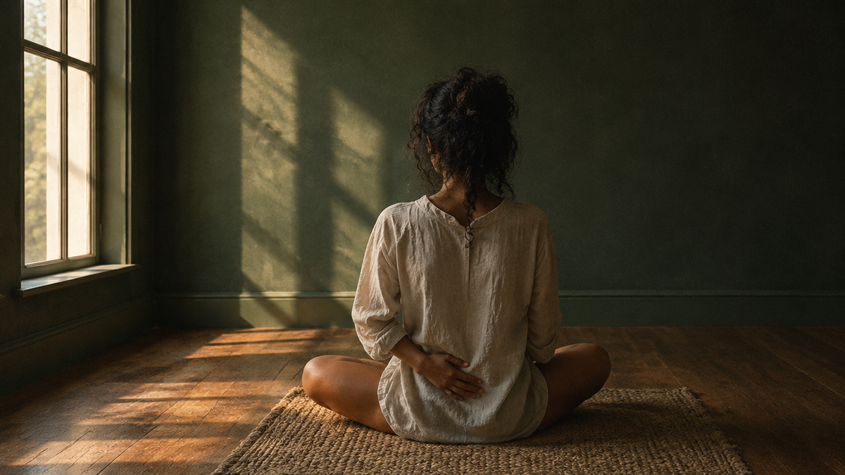 Woman seated cross-legged on a woven mat at dawn, one hand resting low on her abdomen