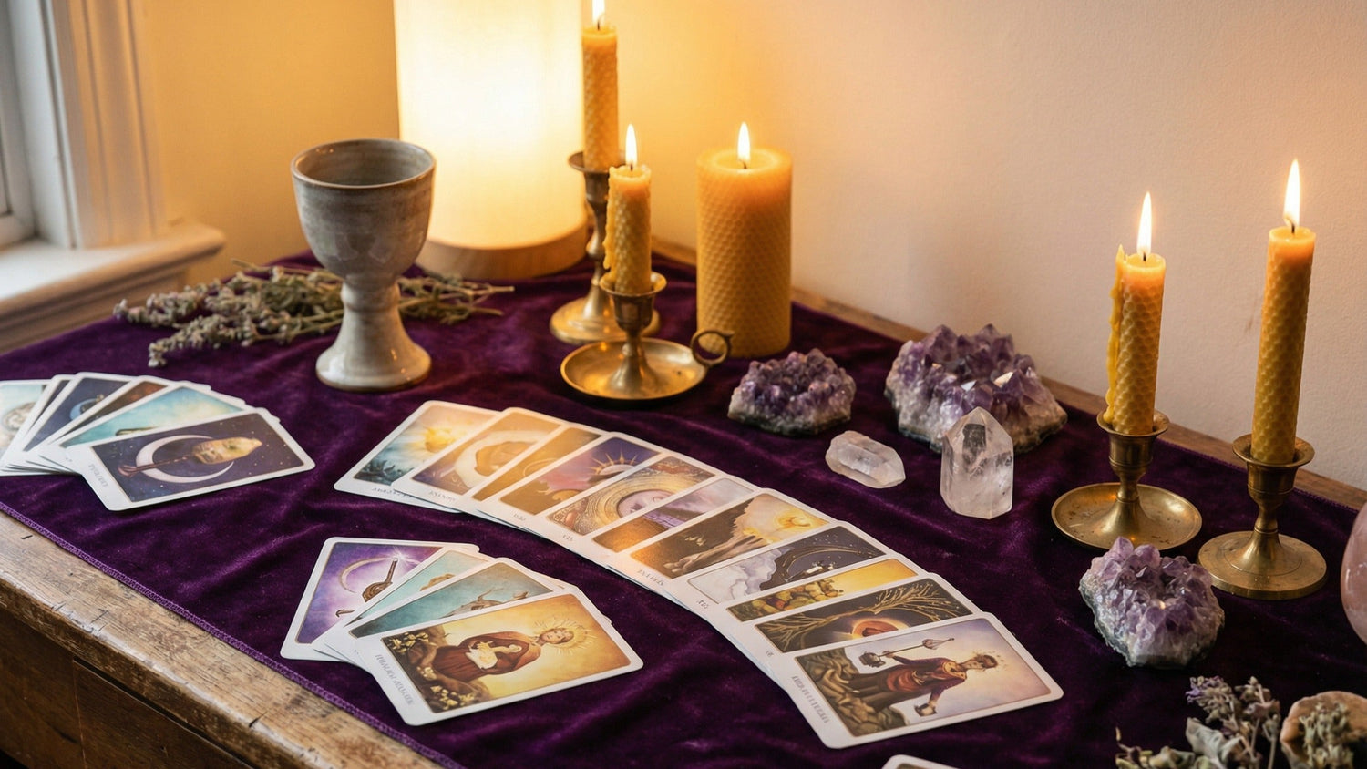 Cards laid out in a fan on purple velvet beside beeswax candles, a chalice and amethyst clusters