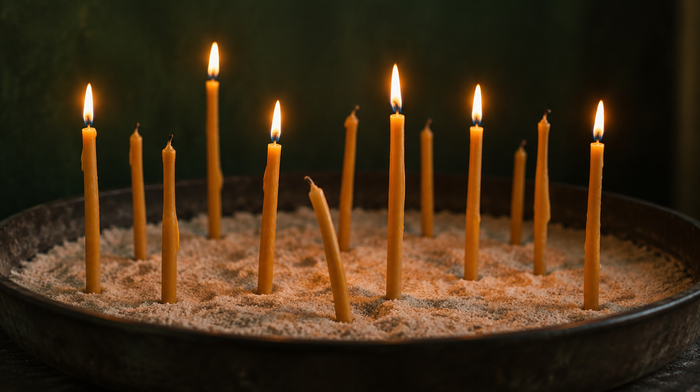 Thin beeswax candles like those lit in Orthodox village churches, standing in an iron tray of pale sand