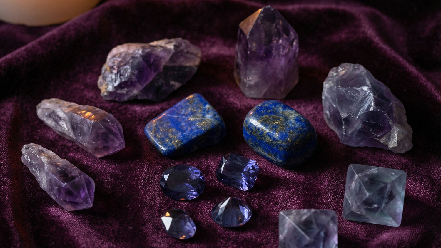 Amethyst points, lapis lazuli and fluorite arranged on deep purple velvet beside a burning candle