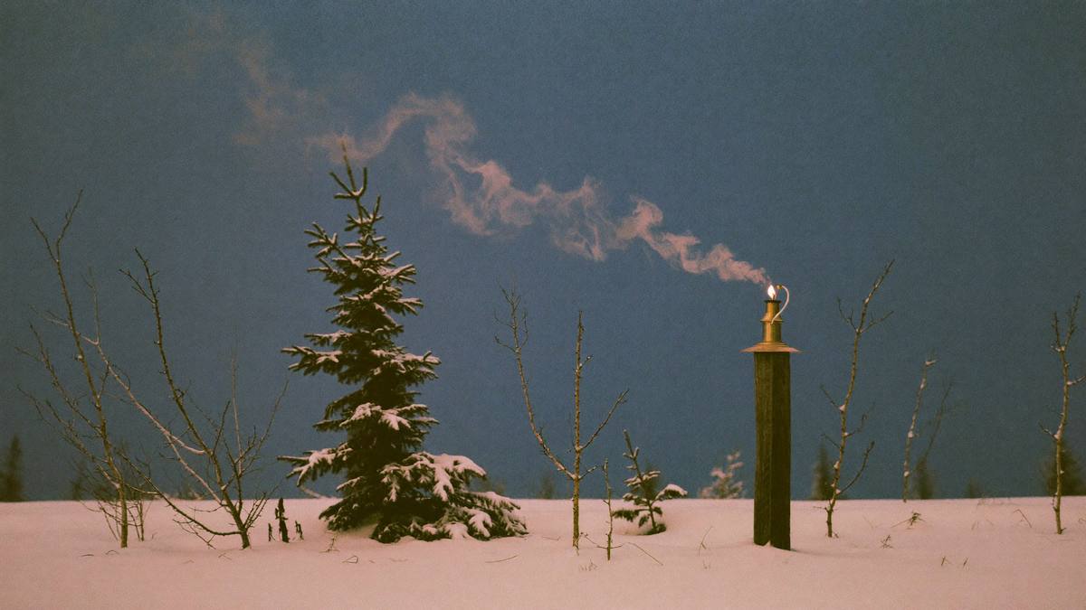 Snow-covered winter field at blue dusk with a lantern flame and drifting smoke on a wooden post