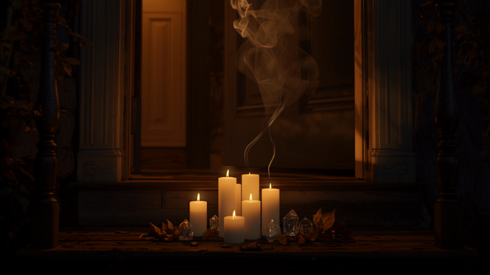 Candles and small crystals on a dark threshold sill with smoke rising