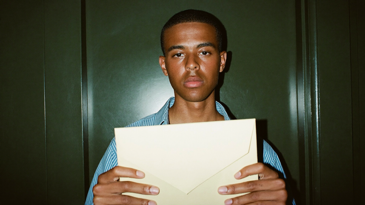 A young man holding a plain cream envelope in both hands against a dark green wall, lit by direct flash