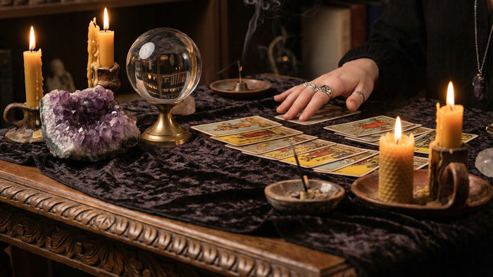 Tarot cards laid out on dark velvet beside beeswax candles, an amethyst cluster and a crystal ball