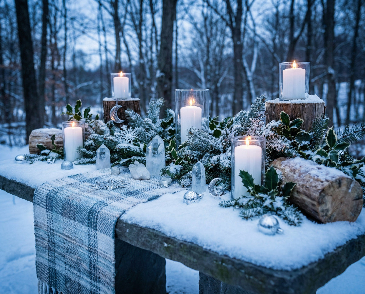 Candles burning on a snow-covered stone bench with evergreen boughs, holly and quartz points at dusk