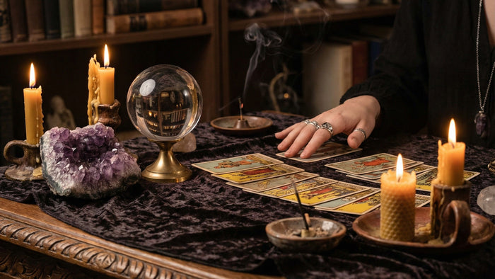 Tarot cards laid out on dark velvet beside a crystal ball, amethyst cluster and lit beeswax candles