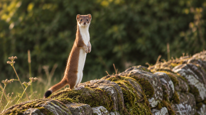 Brown weasel with a white belly and black tail tip standing upright on a mossy stone wall at golden hour