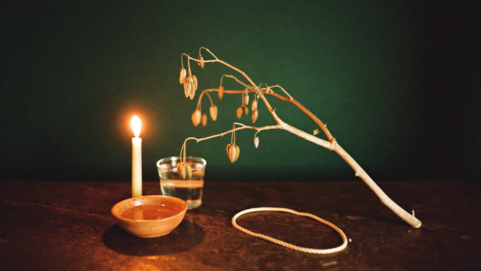 Ash branch with seed pods beside a bowl of water and a lit candle on dark stone, an image of the world tree and its well