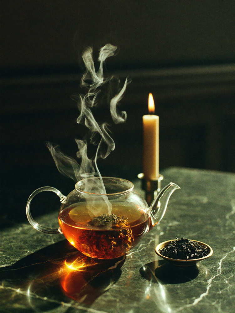 Glass teapot with amber tea steeping in candlelight