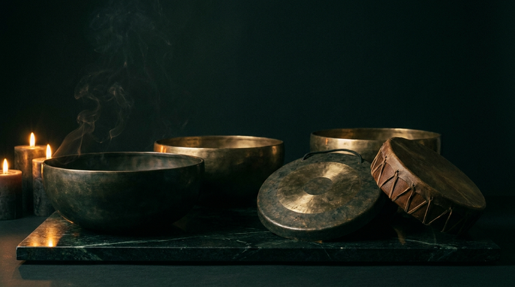 Singing bowls, a bronze gong and a hand drum on dark marble, lit by candlelight with drifting smoke