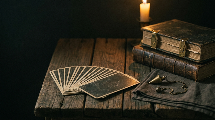 Tarot cards fanned on dark wood beside worn occult books and a brass pendulum in candlelight