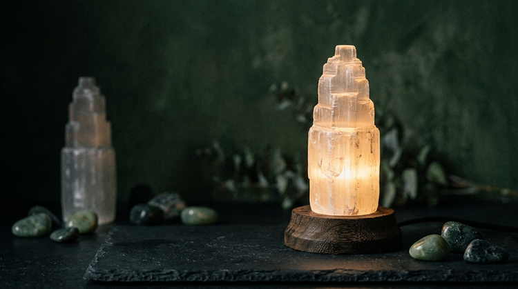 A carved selenite crystal lamp glowing warm white on a dark wooden base against near-black stone