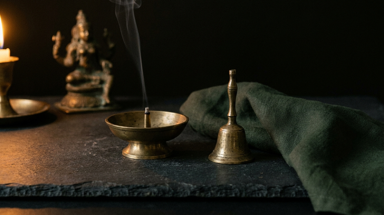 A dark home altar with a brass incense burner, a small bell and a figurine in warm candlelight