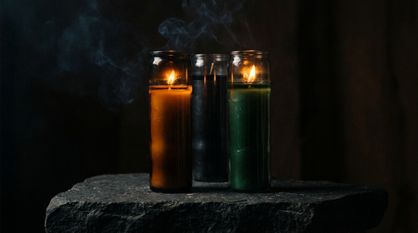 Two tall seven-day vigil candles burning on a dark stone altar, wax glowing amber from within