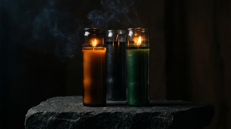 Two tall seven-day vigil candles burning on a dark stone altar, wax glowing amber from within
