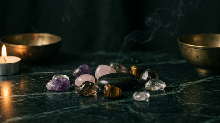 Polished tumbled gemstones and a larger palm stone scattered on dark green marble beside brass bowls and a lit candle