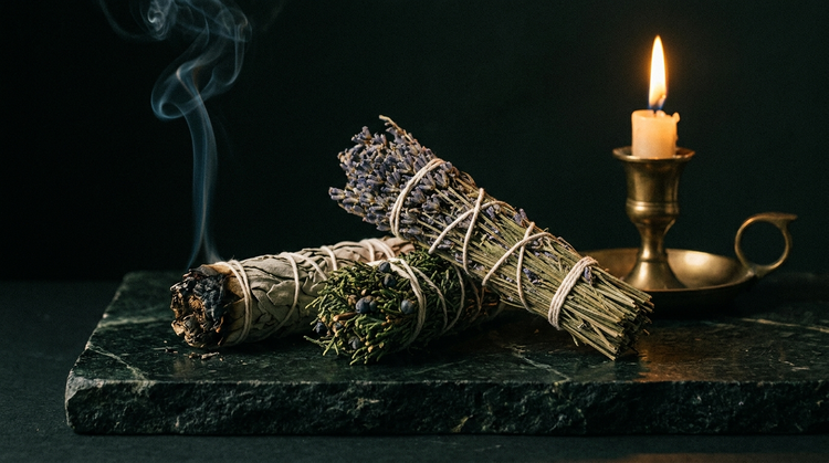 Three tied bundles of dried white sage, juniper and lavender on dark green marble, one smouldering, beside a brass candleholder