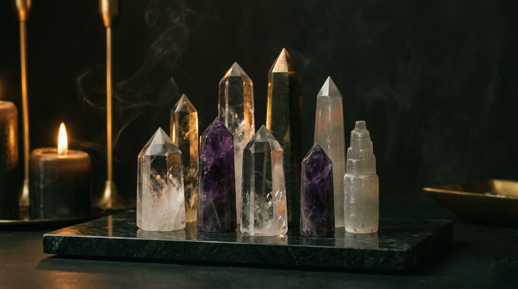 A cluster of polished clear quartz, amethyst and selenite crystal points and towers standing on dark green marble, lit by candlelight against a near-black background