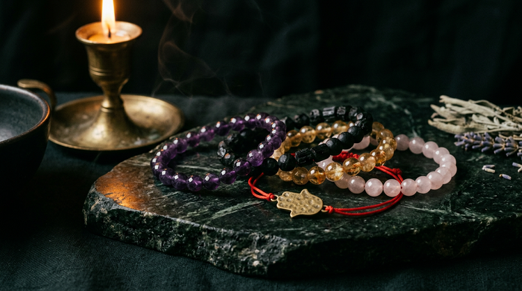 Layered beaded bracelets in amethyst, black tourmaline, citrine and rose quartz beside a red string bracelet with a brass hamsa charm on dark green marble in candlelight