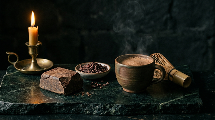 A block of stone-ground ceremonial cacao paste, a dish of cacao nibs and a steaming clay cup of frothed cacao with a bamboo whisk on dark green marble, lit by a single brass candlestick